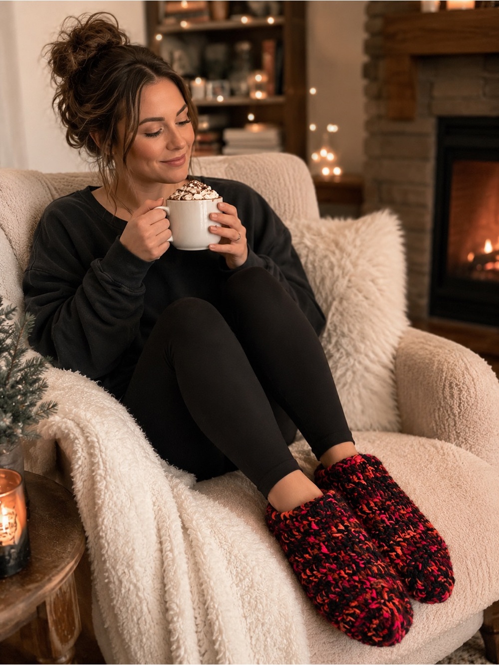 Crochet Slippers Red Black Pink Cozy Chunky House Shoes